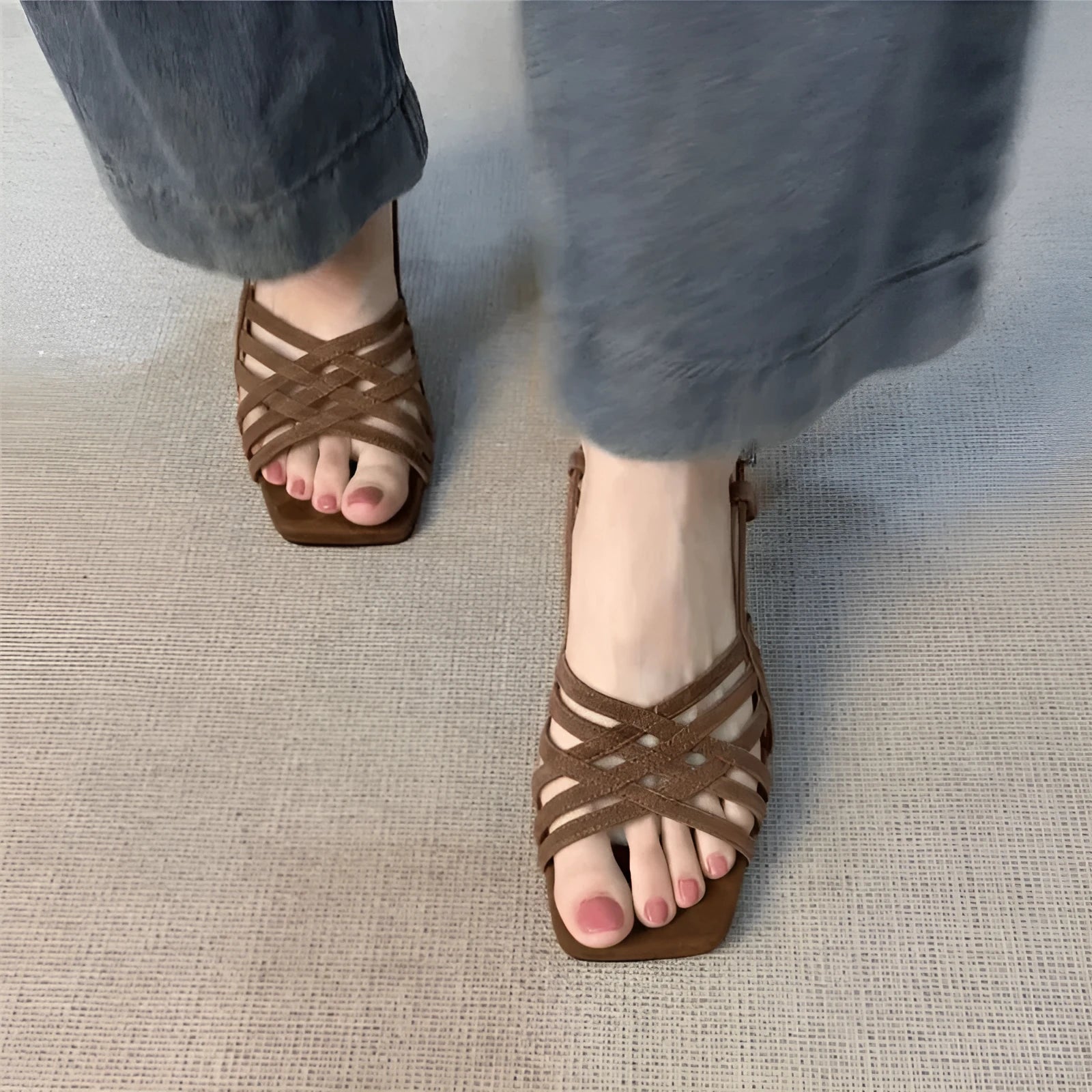 Retro artificial PU leather cross-strap high heel sandals with ankle buckle and square toe