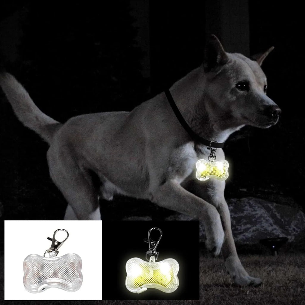 Blue bone-shaped LED pet pendant showing dimensions and attachment loop for collars