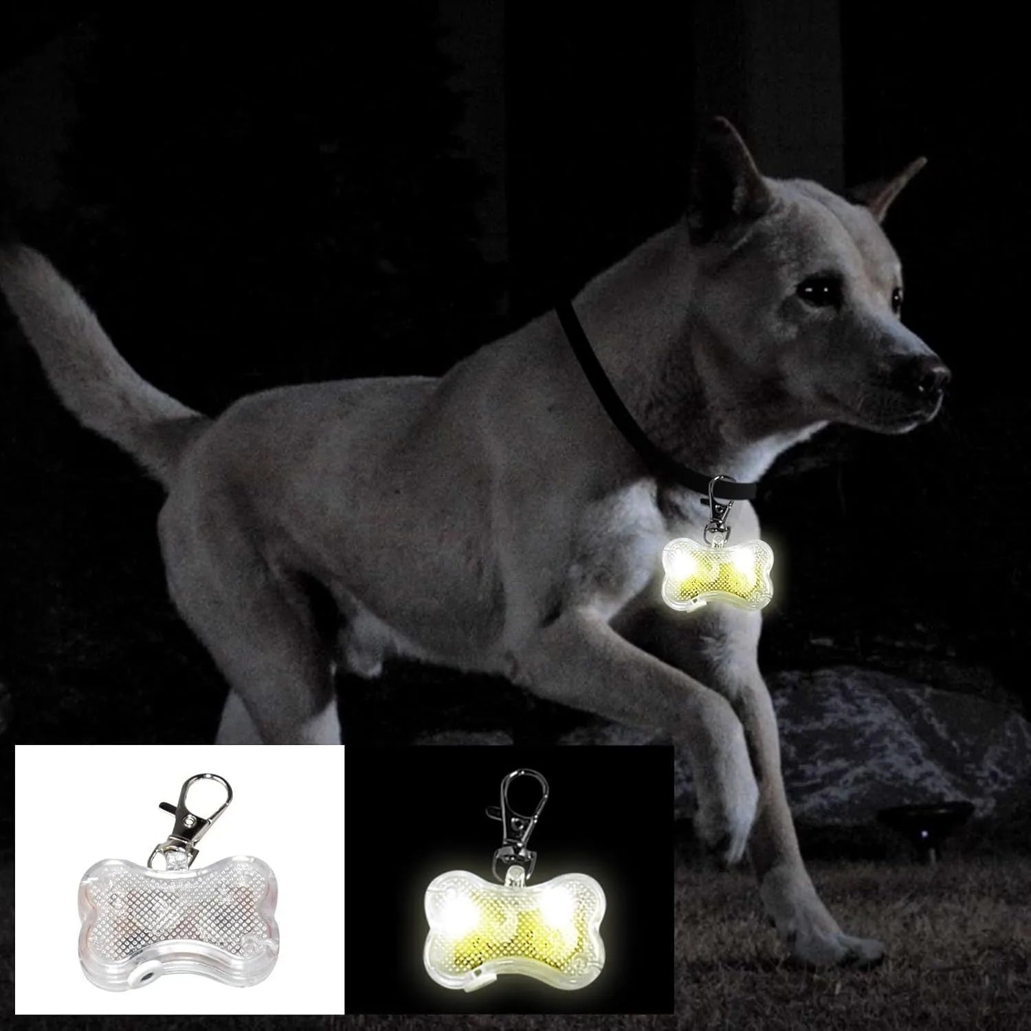 Blue bone-shaped LED pet pendant showing dimensions and attachment loop for collars