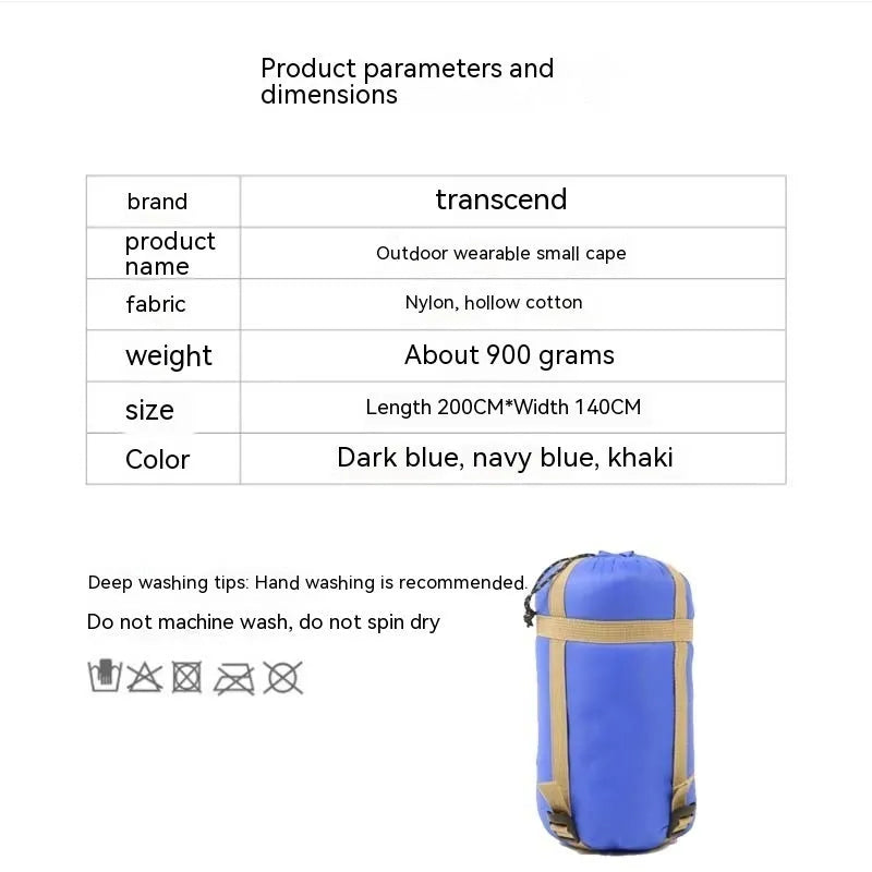 Grey outdoor cloak sleeping bag with hood showing transformation to wearable cape