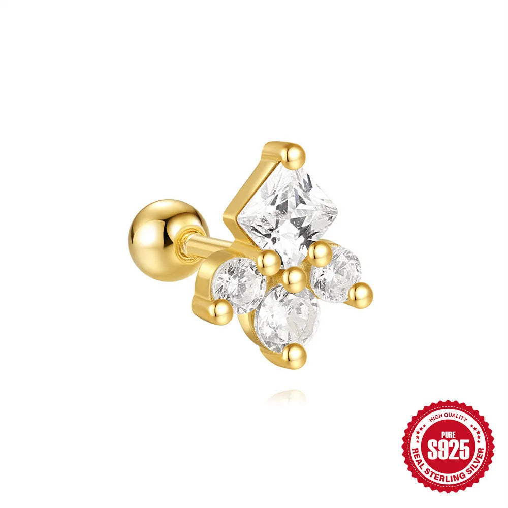S925 sterling silver square gravel stud earring with red centre and gold plating