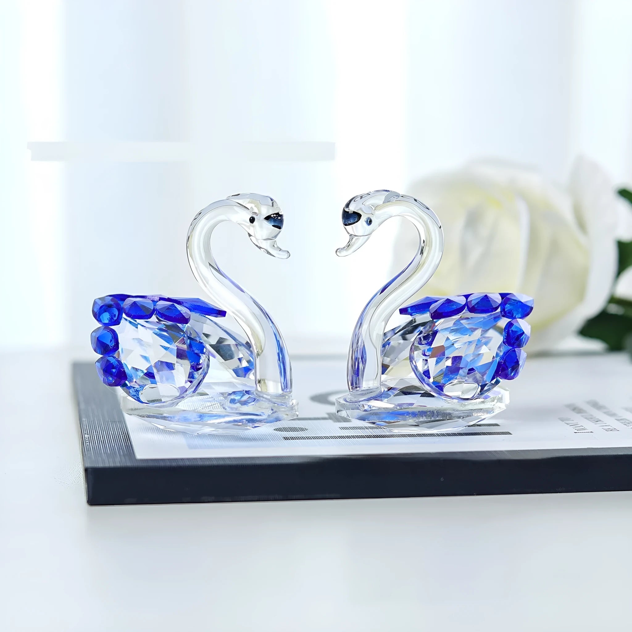 White crystal swan desktop ornament in red, blue, pink, or violet, showing solid head and empty pipe styles.