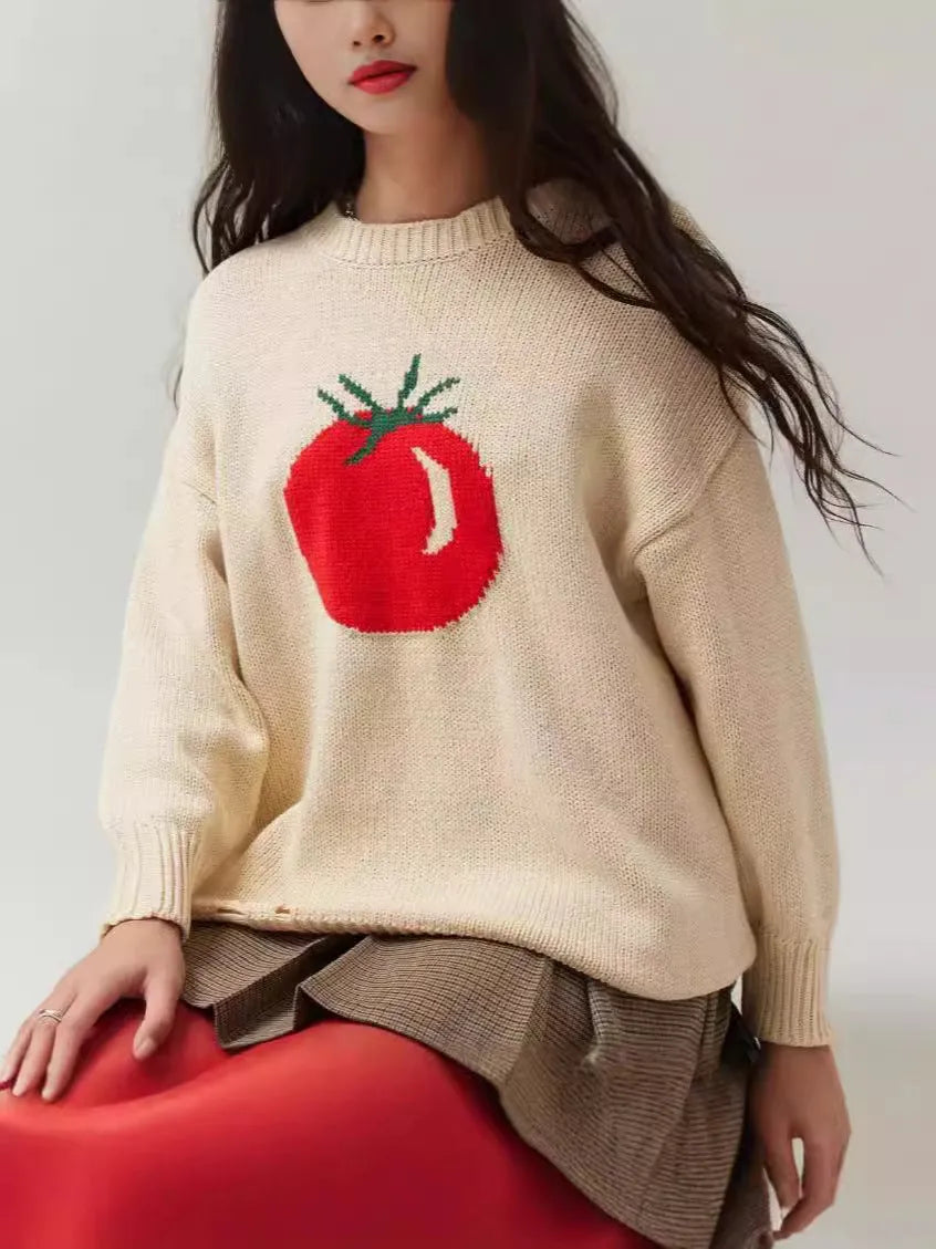 Women's milky white beige acrylic pullover sweater with Jacquard pattern texture and round neck