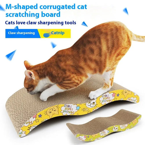 Corrugated paper cat scratch board showing multiple style options including bone, M-type, trapezoid and triangle designs