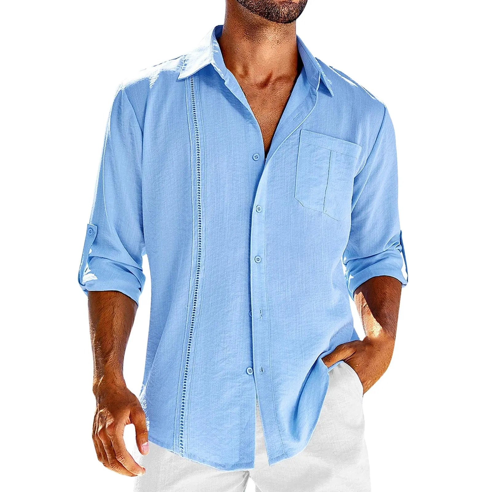 Men's grey long sleeve casual shirt with a polo collar and a white lace detail on the chest pocket.
