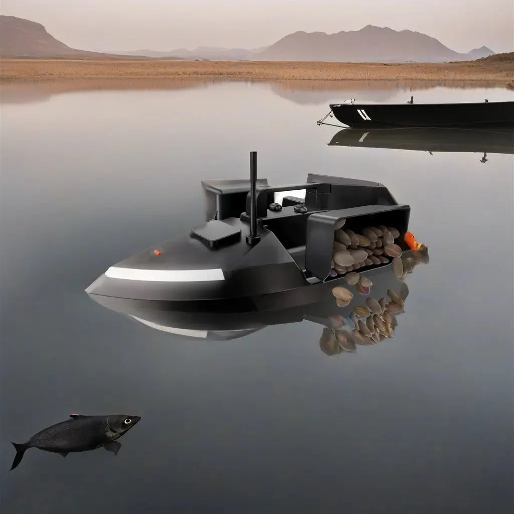 Black GPS remote control fishing boat with antenna and bait compartment