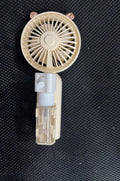Colourful plastic USB rechargeable personal fan shown in apricot, blue, green, orange, and pink nozzle options.