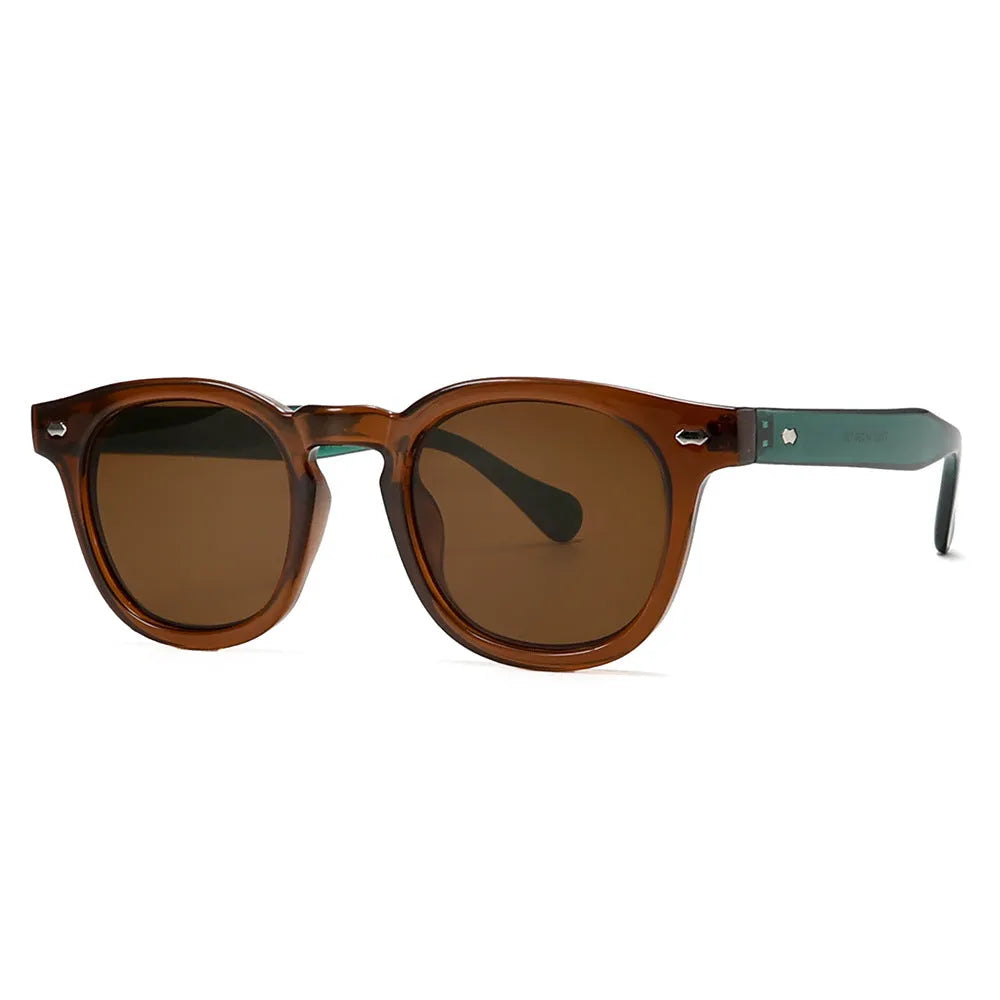Round rim plastic sunglasses in bright black frame with black and grey lenses