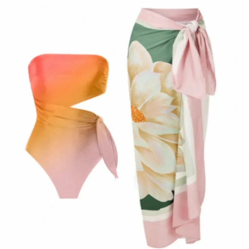 Women's retro printed one-piece swimsuit in quick-dry polyester fabric.