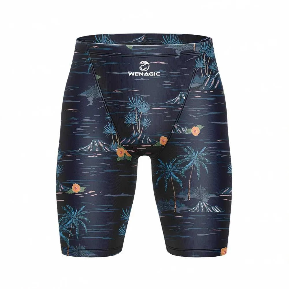 Men's Lycra swimming briefs in a pattern colour, showing the briefs style fit.