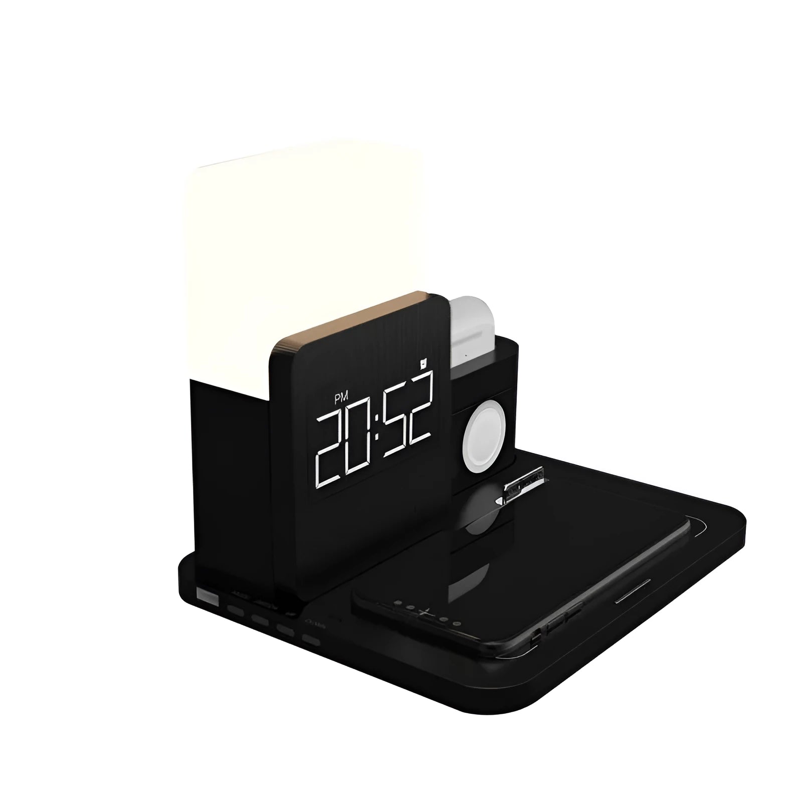 A dark green 3-in-1 Qi wireless charging stand on a desk, showing its foldable design and charging pad.