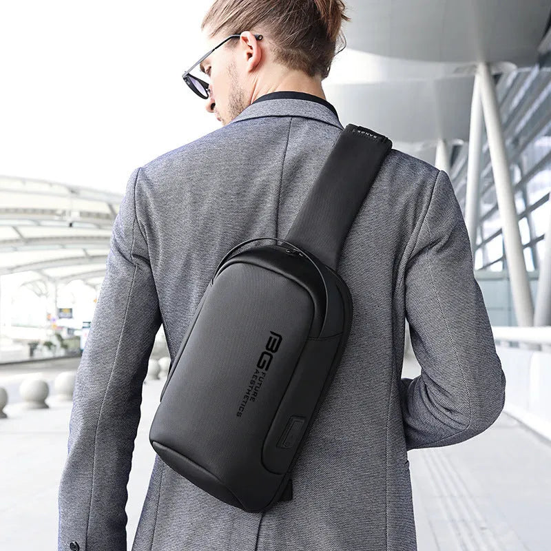 Men's black business shoulder bag with USB charging port and Oxford cloth construction