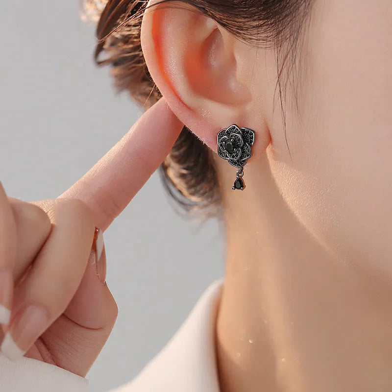 Black rose floral stud earrings with zircon accents on 18K electroplated copper