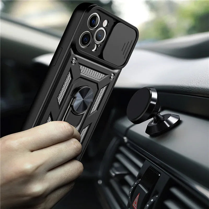 Sergeant sliding window mobile phone case in blue colour with visible magnetic bracket on back