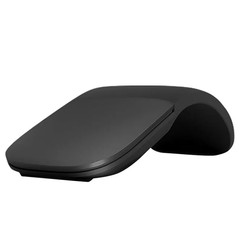 Folded black Bluetooth wireless mouse showing compact 131.2mm length and touch control surface