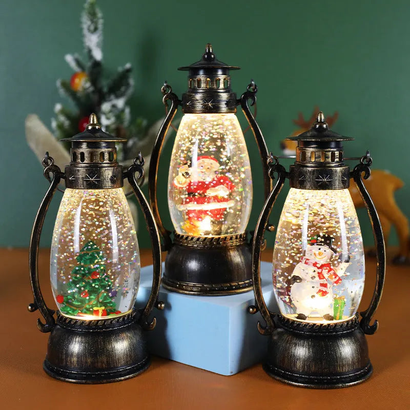 Desktop Christmas oil lamp with glowing crystal ball base in snowman or elderly character style.