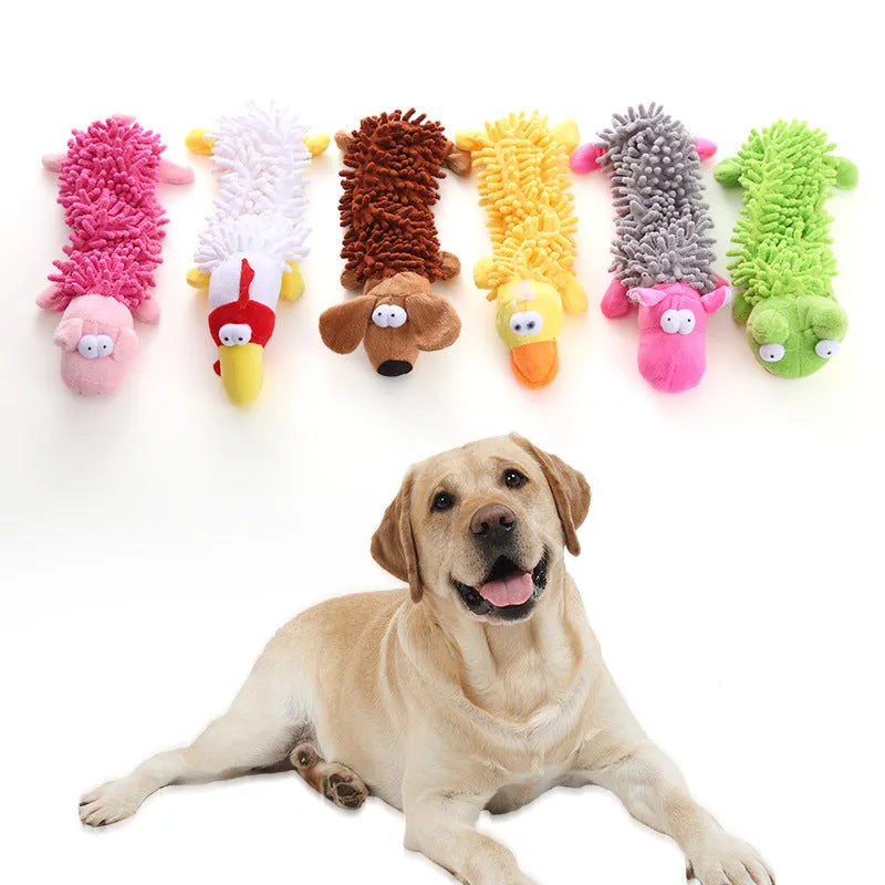 Plush horse molar dog chew toy in animal designs including brown dog, yellow duck, white chicken
