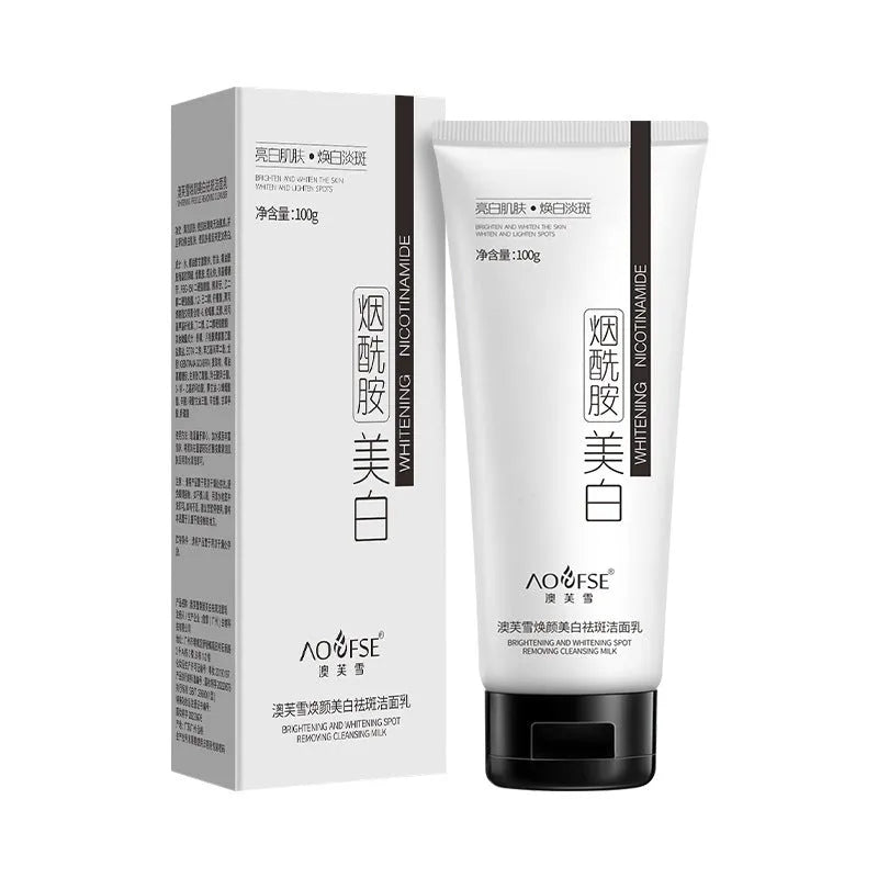 White bottle of 100ml whitening and freckle removing facial cleanser for unisex use.