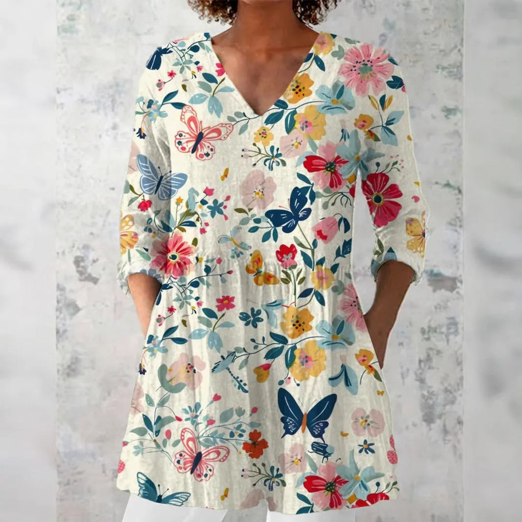 Women's retro slim fit long-sleeved top with digital printing, available in multiple colours.