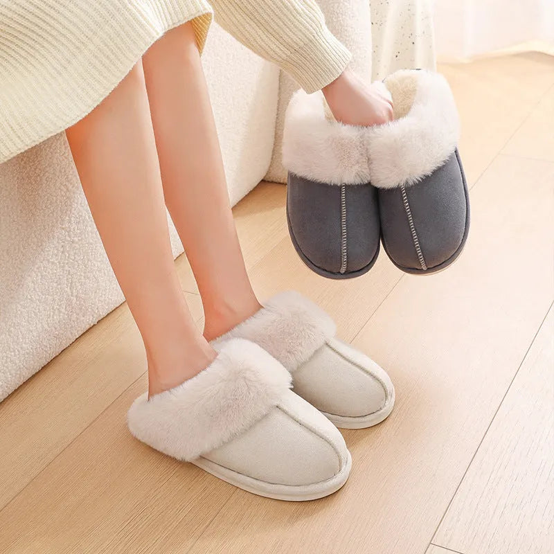 Women's winter plush slippers with round toe design in brown colour showing stitching detail