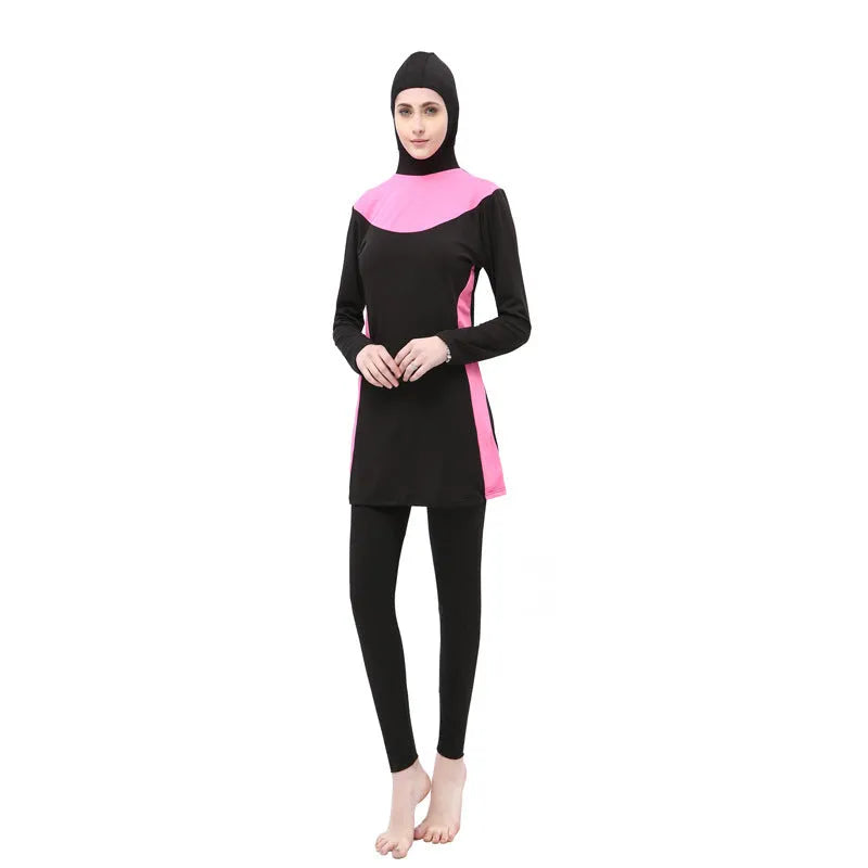 Black women's hooded long sleeve swimsuit top and pants set for swimming