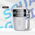 Small stainless steel portable coffee cup in blue, shown next to grey, orange, and white colour options.
