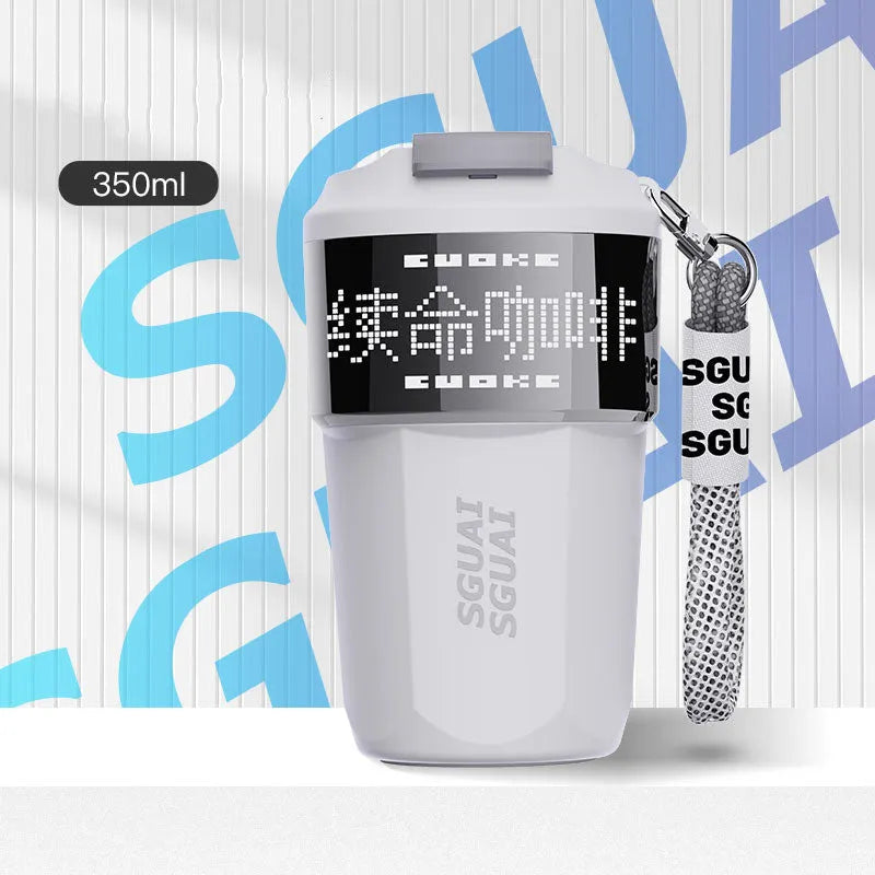 Small stainless steel portable coffee cup in blue, shown next to grey, orange, and white colour options.
