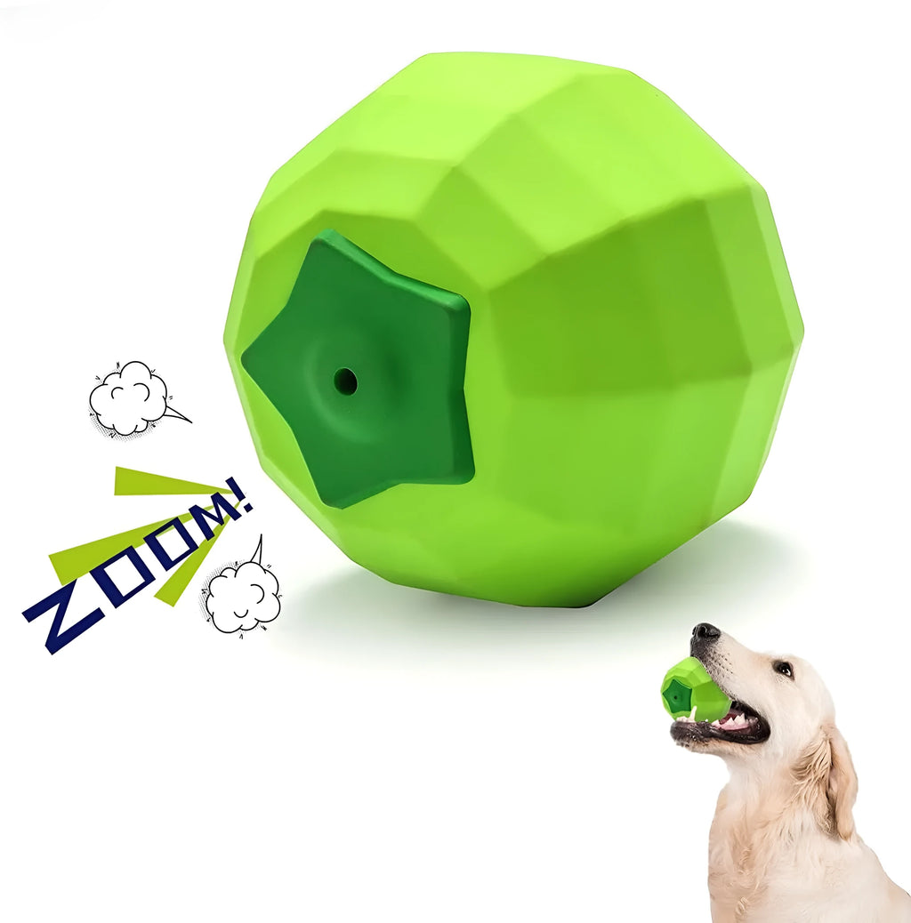 Green beef-flavoured squeaky dog ball for aggressive chewers made from natural rubber