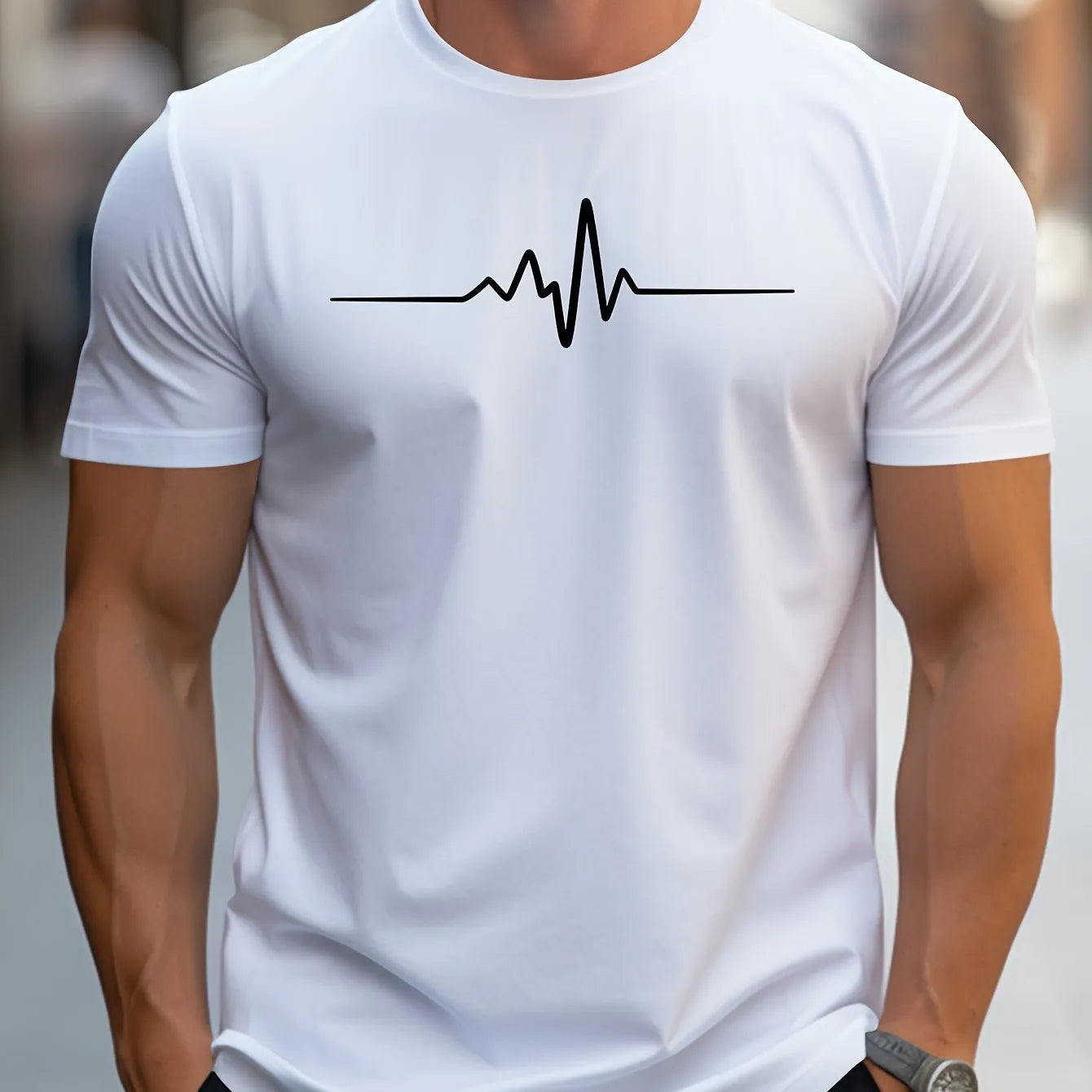 Men's loose fit short sleeve sports T-shirt on a hanger, showing thin polyester fabric.