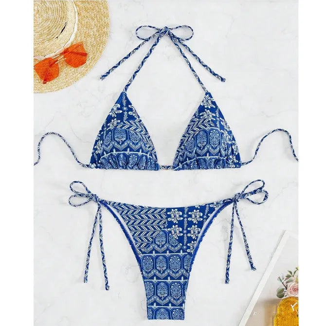 Women's split bandage bikini swimsuit with printed stitching details in various colours