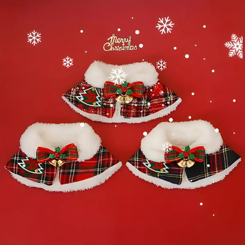 Festive pet scarf with snowflake bell design in red background for dog or cat winter holiday wear