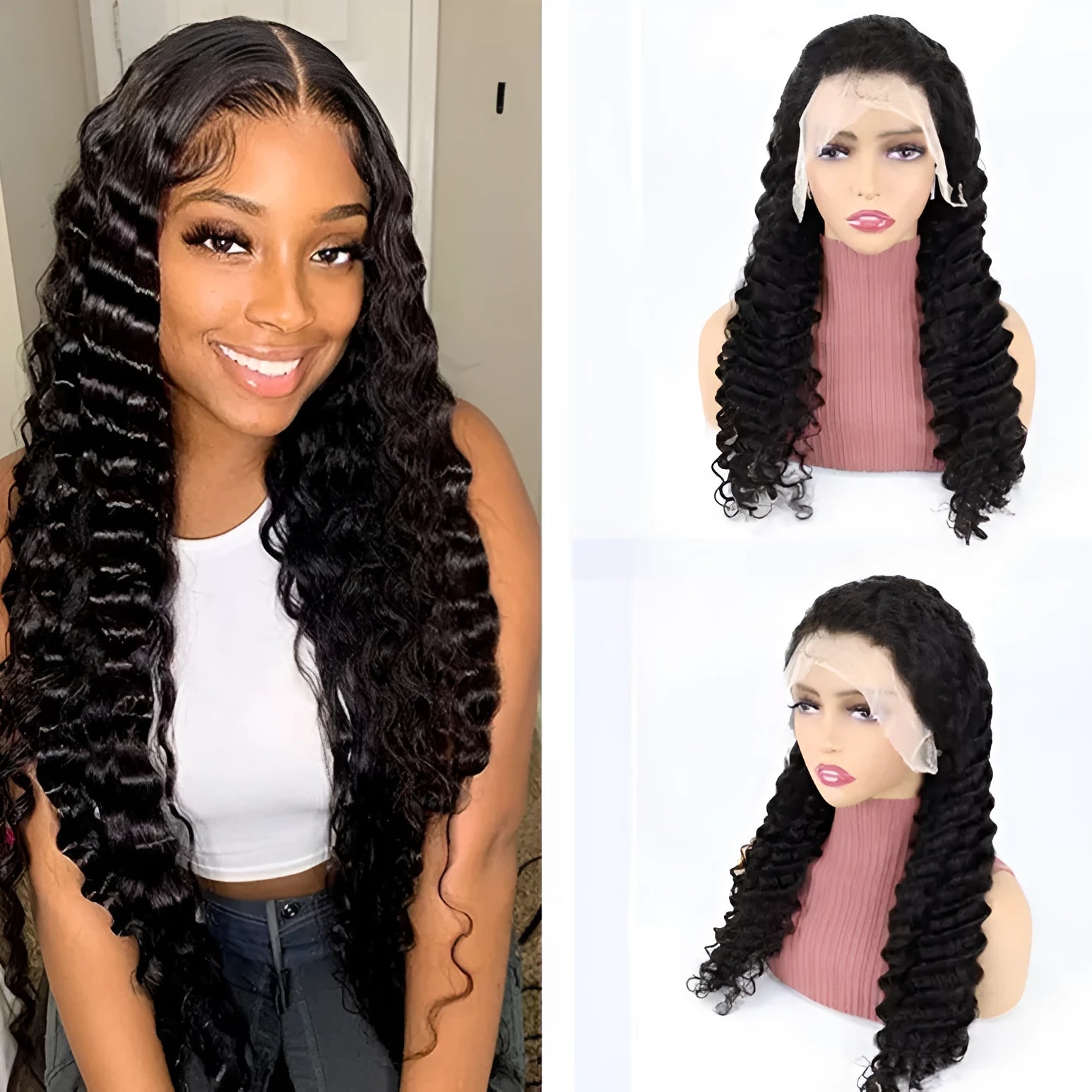 Human hair half lace wig in a solid colour shown at a medium length