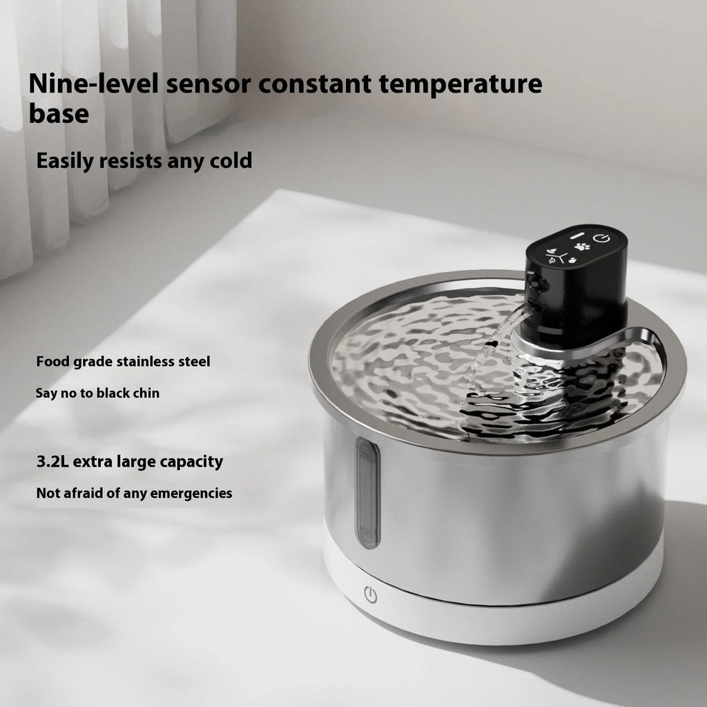 Stainless steel cat water fountain with white heating base for constant temperature pet hydration