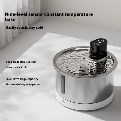Stainless steel cat water fountain with white heating base for constant temperature pet hydration