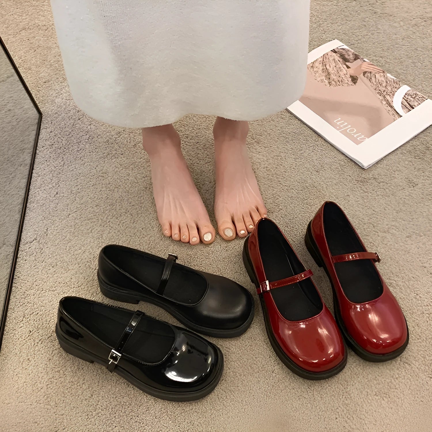 Women's solid colour flat heel loafers in red, black, or greyish black.