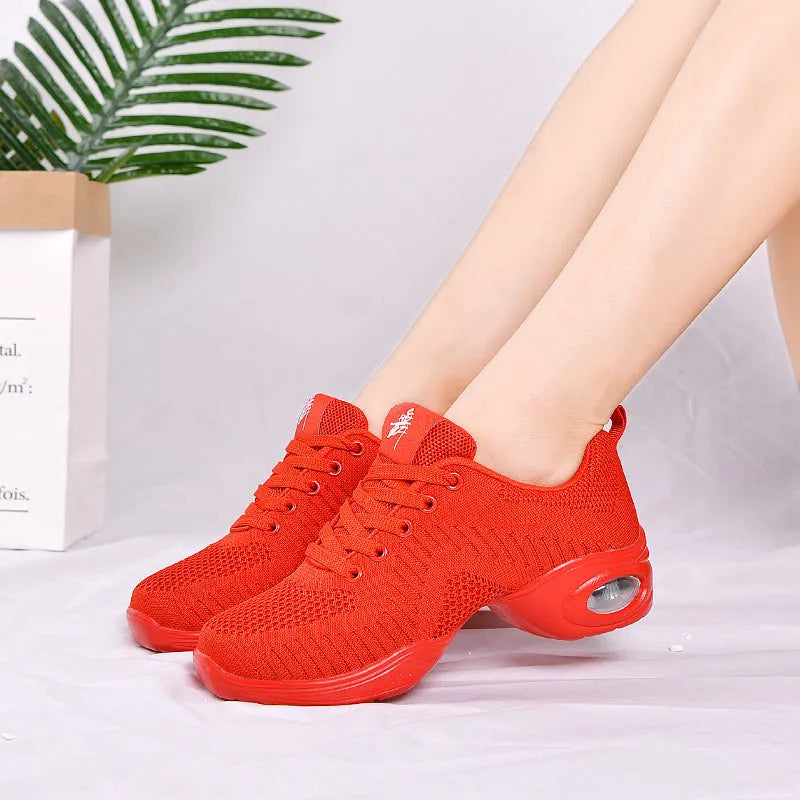 Women's Flyknit woven mesh dancing shoes with soft PU sole in multiple colour variations for summer dance and sports