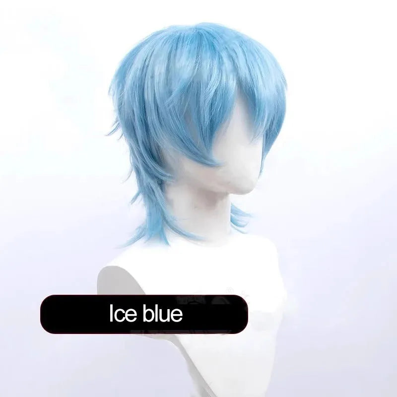 A short-style anime cosplay wig for men in a selected colour, showing its lengthened hair tail.