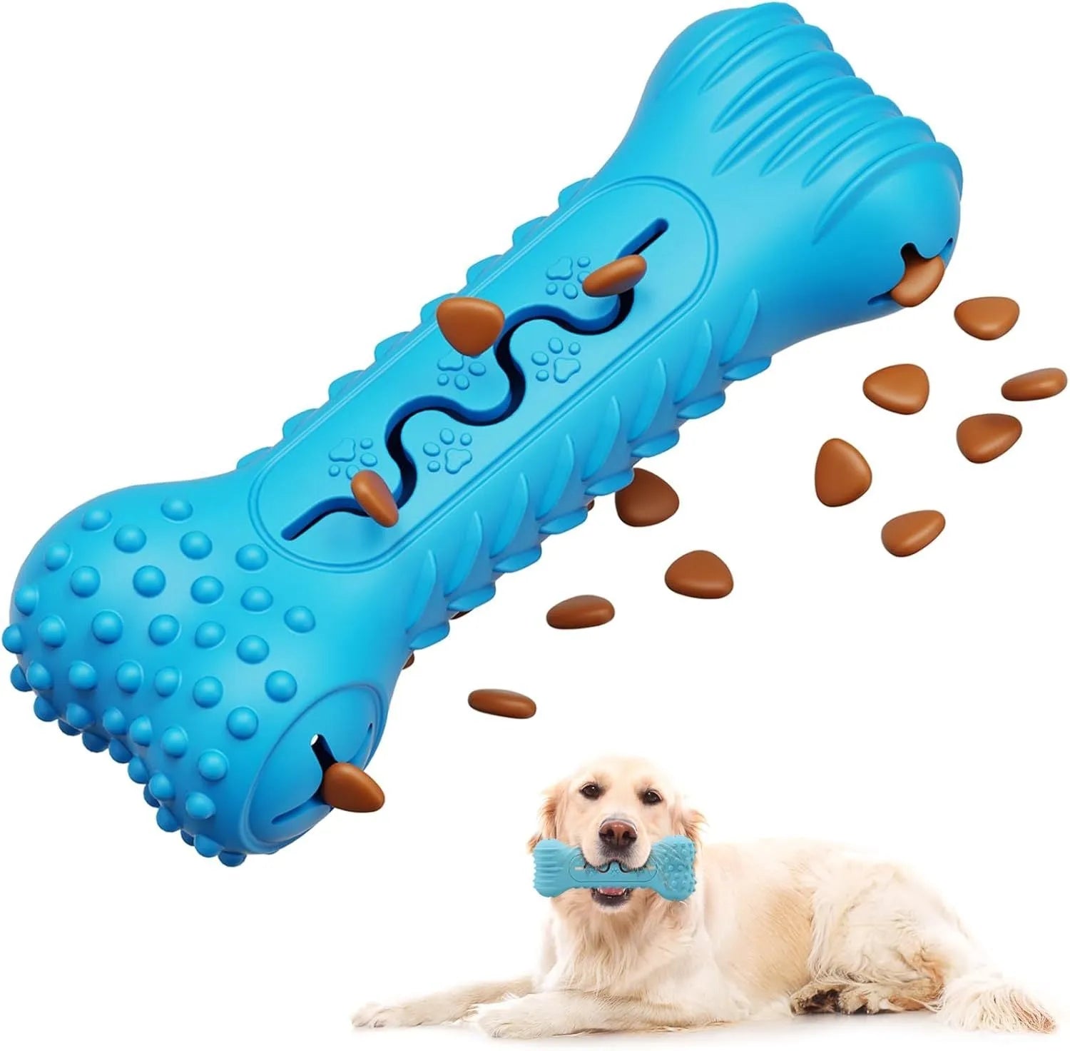 Blue natural rubber bone-shaped dog chew toy with textured surface for teeth cleaning.
