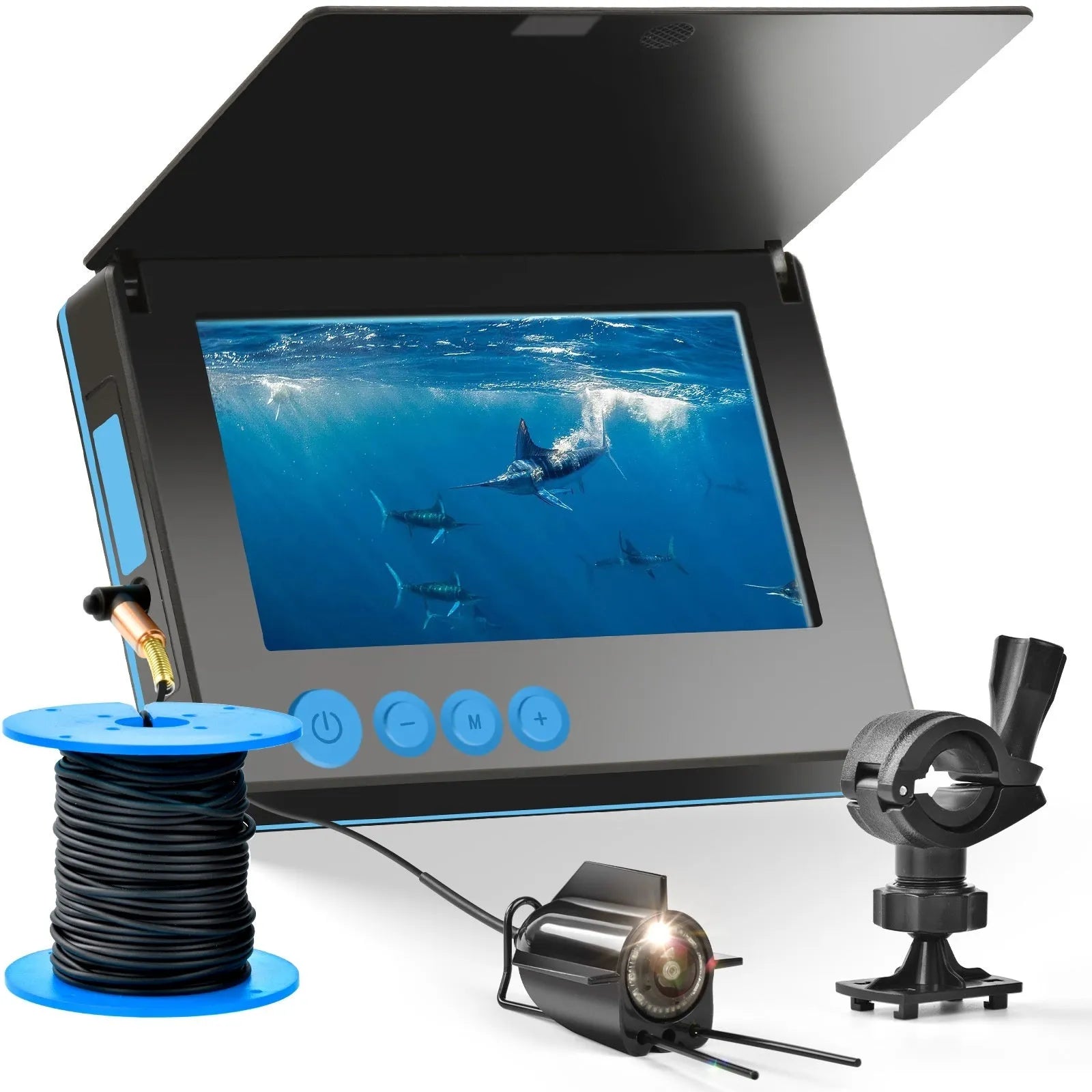 Fish finder underwater camera with 4.3-inch screen, night vision lights, and long cable on a fishing boat.