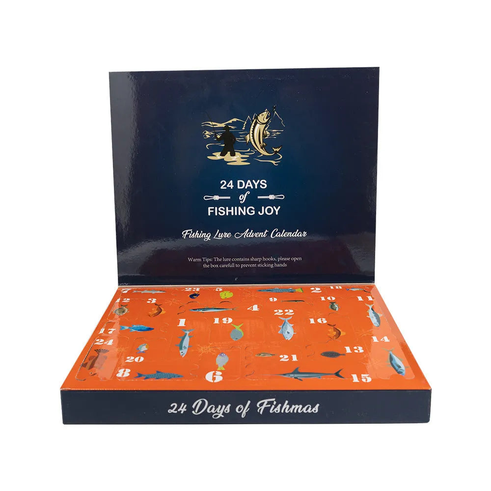 Blind box containing 24-piece metal Christmas fishing set with rod and tackle accessories in 01 style finish