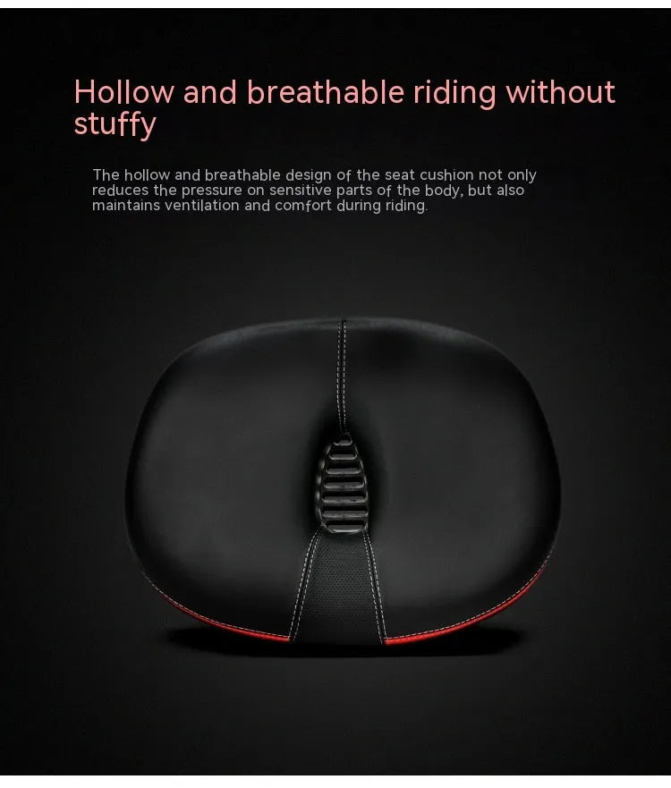 Large red bicycle saddle with reflective stickers, showing thickened design and shock absorber.
