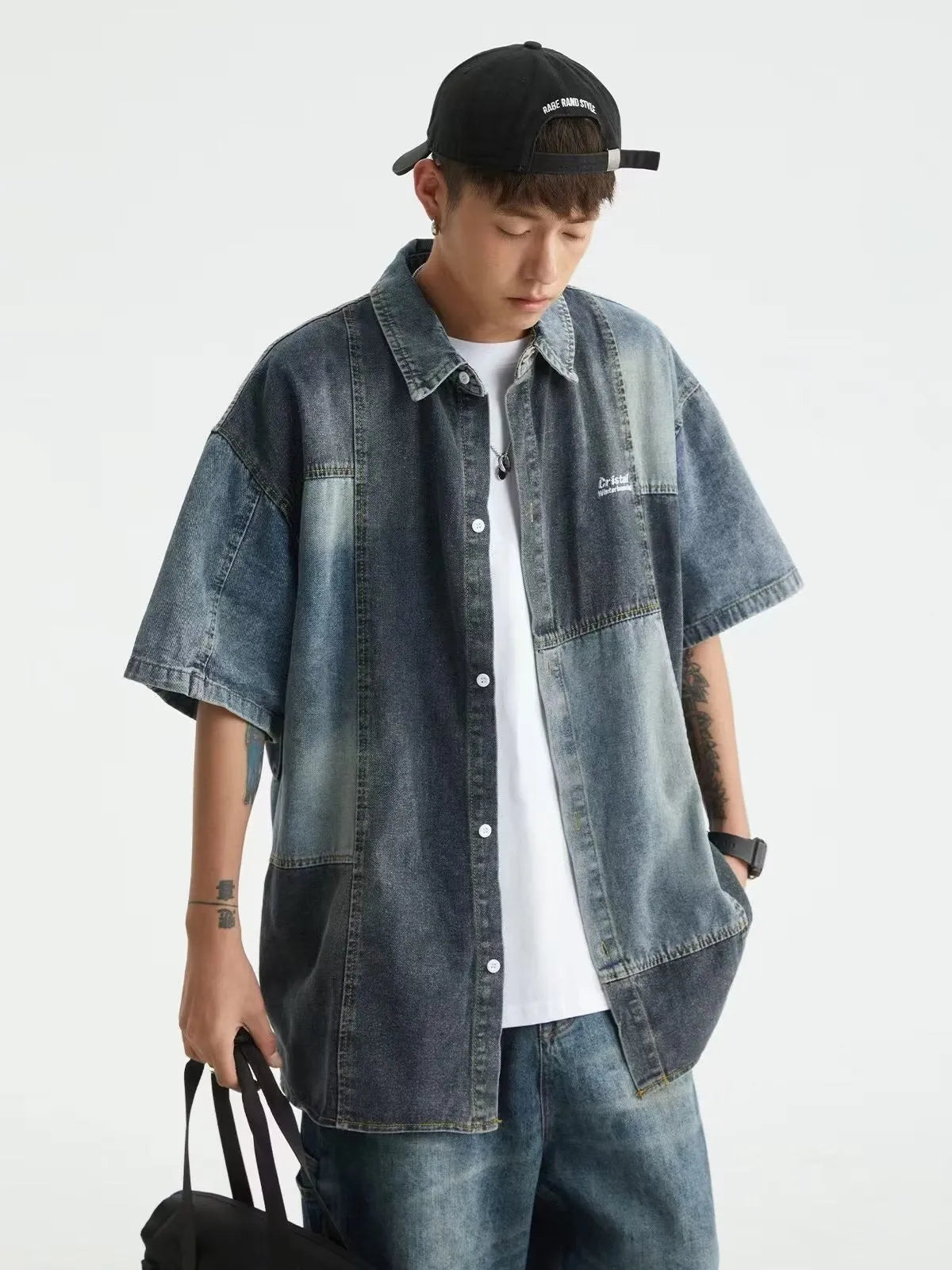Blue Japanese-style retro denim shirt with washed stitching in loose cardigan cut for men