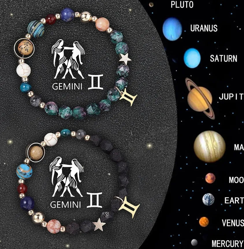 Two natural stone beaded bracelets with zodiac sign charms, representing a 12-style astrology set.