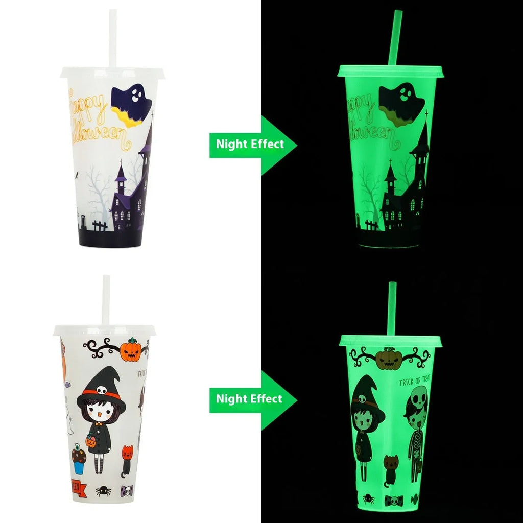 Plastic Halloween sippy cup with luminous straw measuring 17.5cm tall with 720ml capacity