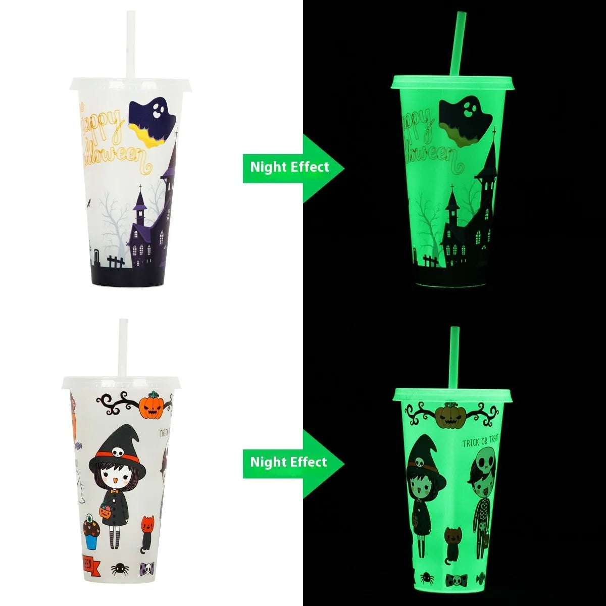 Plastic Halloween sippy cup with luminous straw measuring 17.5cm tall with 720ml capacity