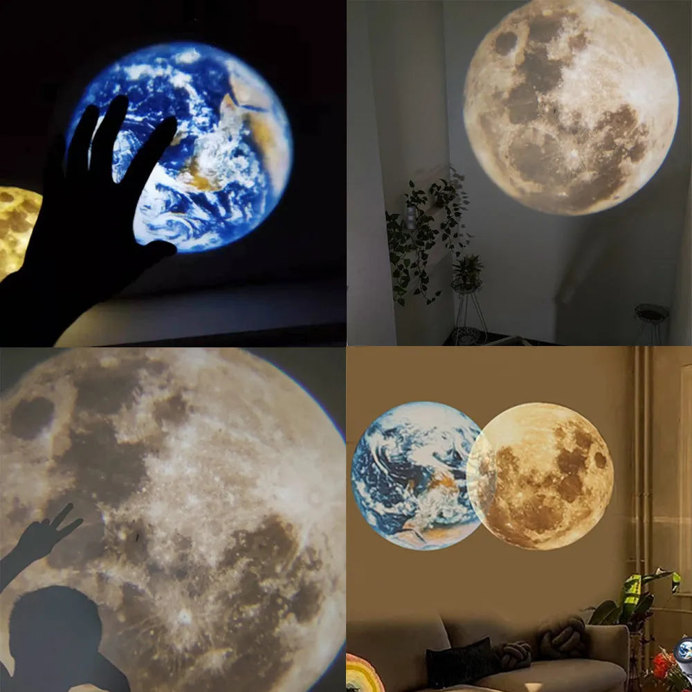 Earth and moon projection lamp with adjustable hose bracket on wooden surface