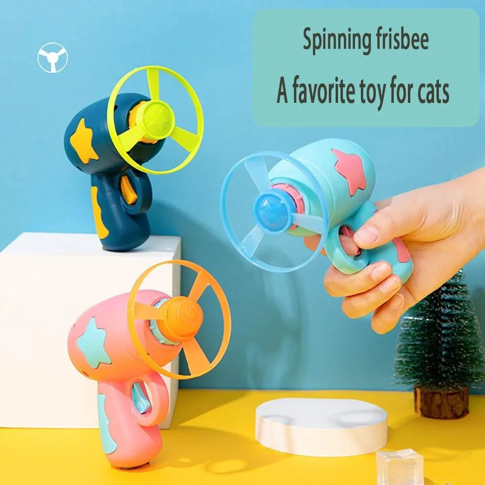 Blue interactive cat toy gun with plastic frisbee measuring 11cm tall for indoor feline play