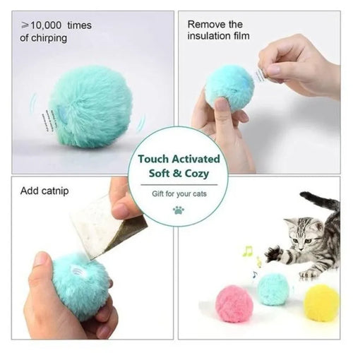 Interactive cat toy ball in blue, pink, and yellow colours with animal sound features