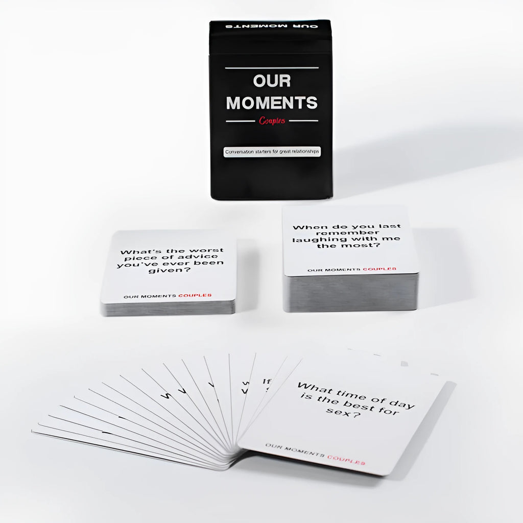 Black box containing Our Time Lovers Edition communication cards for couples, showing dimensions 9cm by 6.5cm.