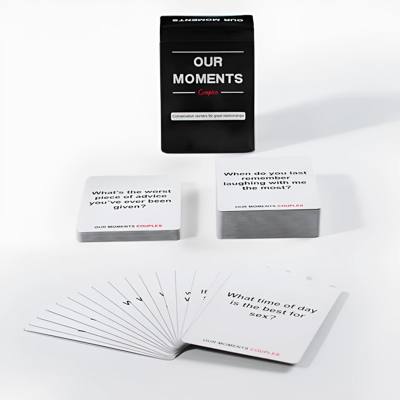 Black box containing Our Time Lovers Edition communication cards for couples, showing dimensions 9cm by 6.5cm.
